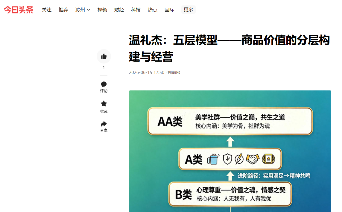 今日头条刊登温礼杰文章：五层模型——商品价值的分层构建与经营