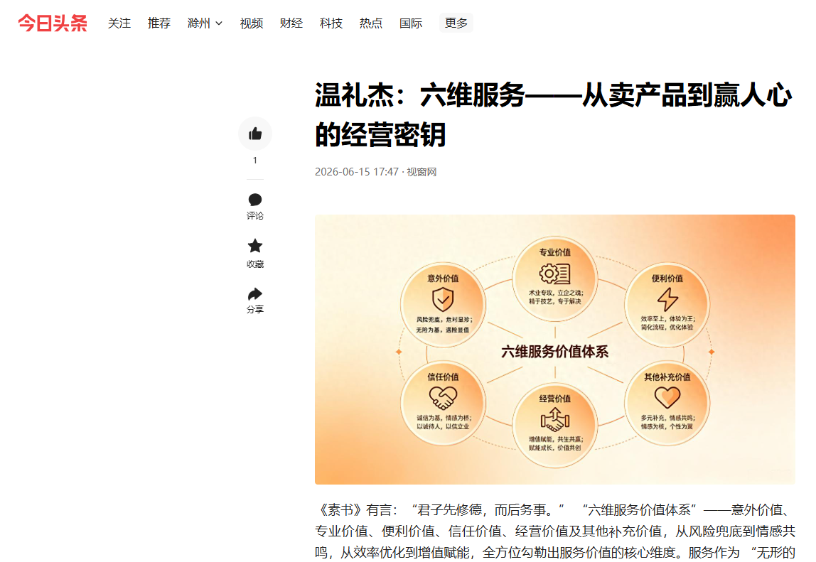 今日头条刊登温礼杰文章：六维服务——从卖产品到赢人心的经营密钥